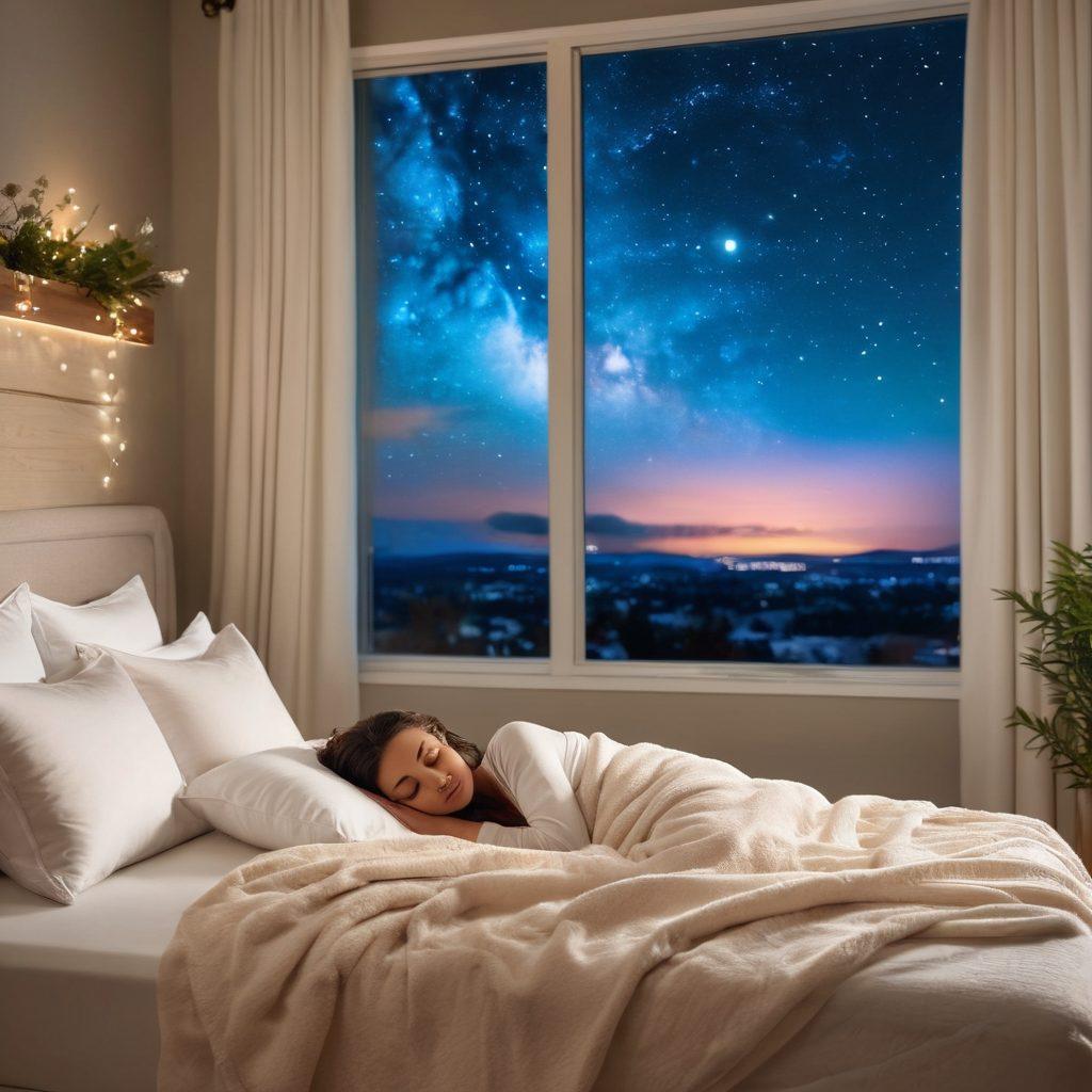 An idyllic bedroom scene showcasing an array of advanced sleep therapy equipment, including a sleek sleep mask, soothing sound machine, and a futuristic mattress, all highlighted by soft, ambient lighting. In the background, a window reveals a tranquil night sky filled with stars, symbolizing restful sleep. A peaceful person peacefully slumbers, surrounded by plush pillows and soft blankets. dreamy atmosphere. super-realistic. vibrant colors. tranquil setting.