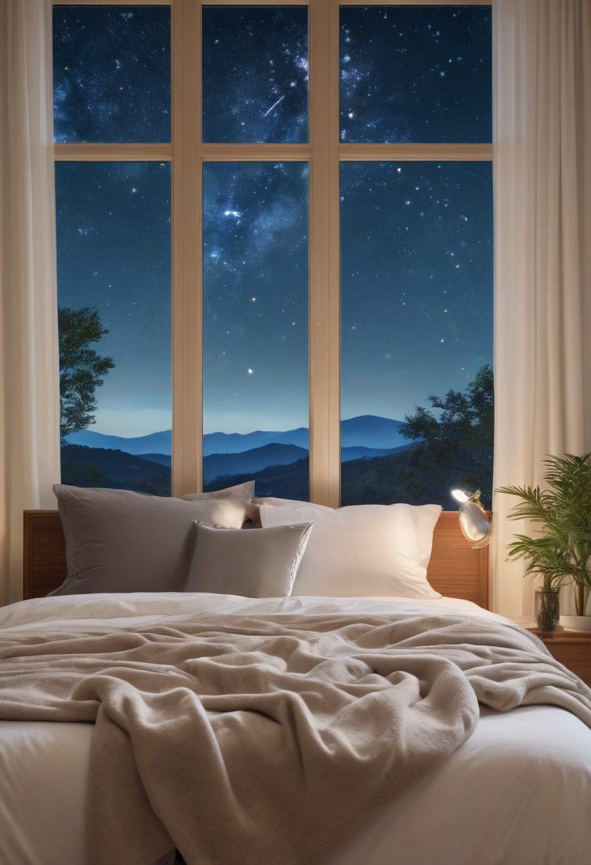 A serene bedroom scene showcasing a person peacefully sleeping in a comfortable bed with a CPAP machine beside them. Incorporate soft, ambient lighting that creates a calming atmosphere, along with a window revealing a tranquil night sky filled with stars. Subtle elements like a nightstand with herbal sleep aids and a cozy blanket emphasize relaxation. Include a faint illustration of airflow symbolizing better breathing with gentle swirls. super-realistic. tranquil colors. cozy atmosphere.