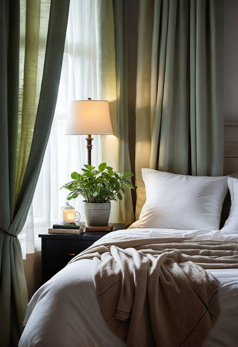 A serene bedroom scene featuring a comfortable bed with a CPAP machine on the bedside table, soft moonlight filtering through curtains, a peaceful sleeping figure, and calming decorative elements like plants and books. The atmosphere conveys tranquility and restful sleep. pastel colors. soft lighting. super-realistic.